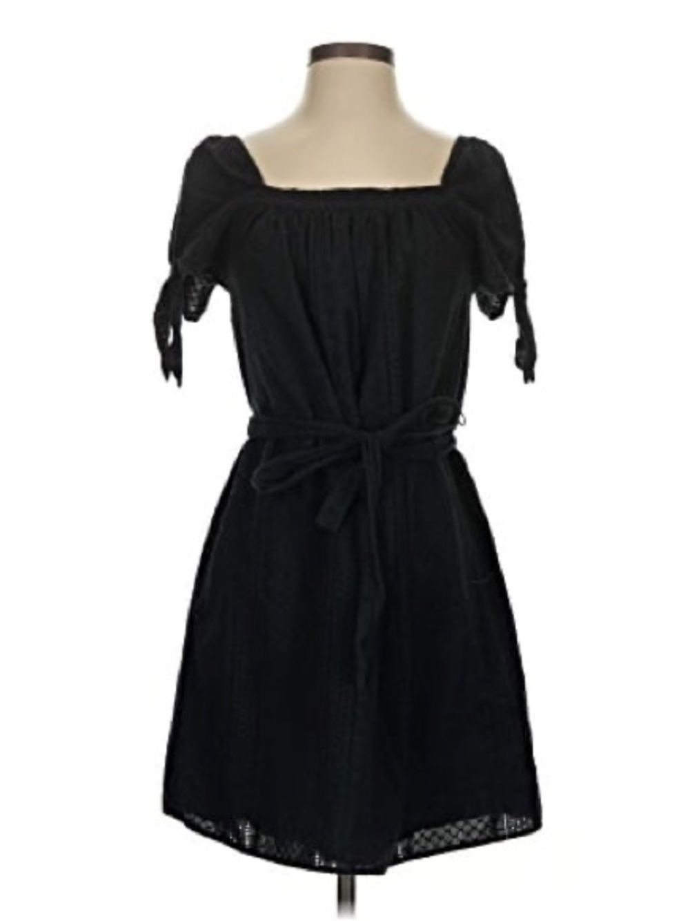 Universal Thread Black Eyelet Scoop-Neck Tie-Sleeve Mini Dress with Waist Tie